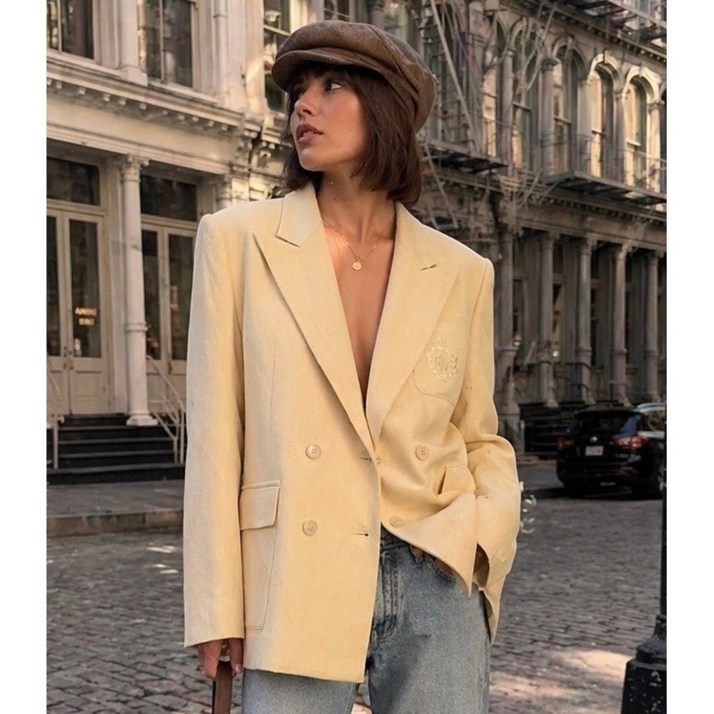 Ralph Lauren Vintage 1996 Double Breasted 100% Silk Blazer Pale Yellow / Size 14